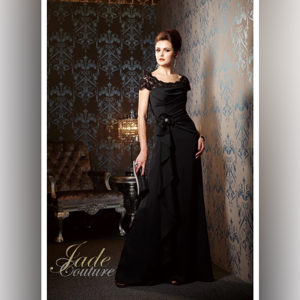 Jade Couture K148059 Black mother of bride dress Lace Bodice Chiffon Skirt Sz 14